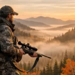 Celebrity hunter in outdoor gear standing in misty mountain forest, representing why celebrities who hunt animals for elk and meat hunting