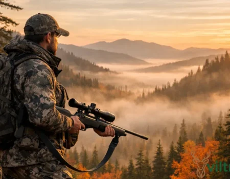 Celebrity hunter in outdoor gear standing in misty mountain forest, representing why celebrities who hunt animals for elk and meat hunting