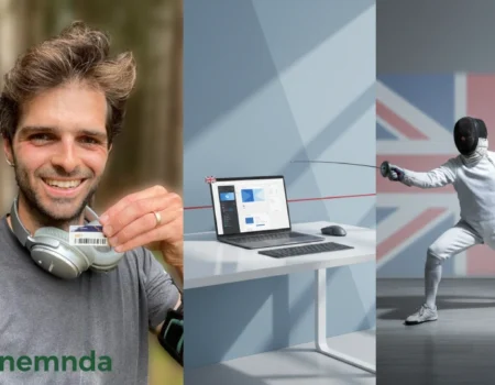 Christopher Mollard UX designer and fencer - split image showing professional designer with headphones, laptop workspace, and competitive fencer in action