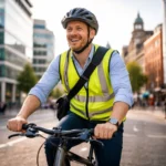 Irish employee using Cycle to Work scheme Ireland riding bike to office with helmet and safety gear
