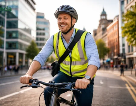 Irish employee using Cycle to Work scheme Ireland riding bike to office with helmet and safety gear