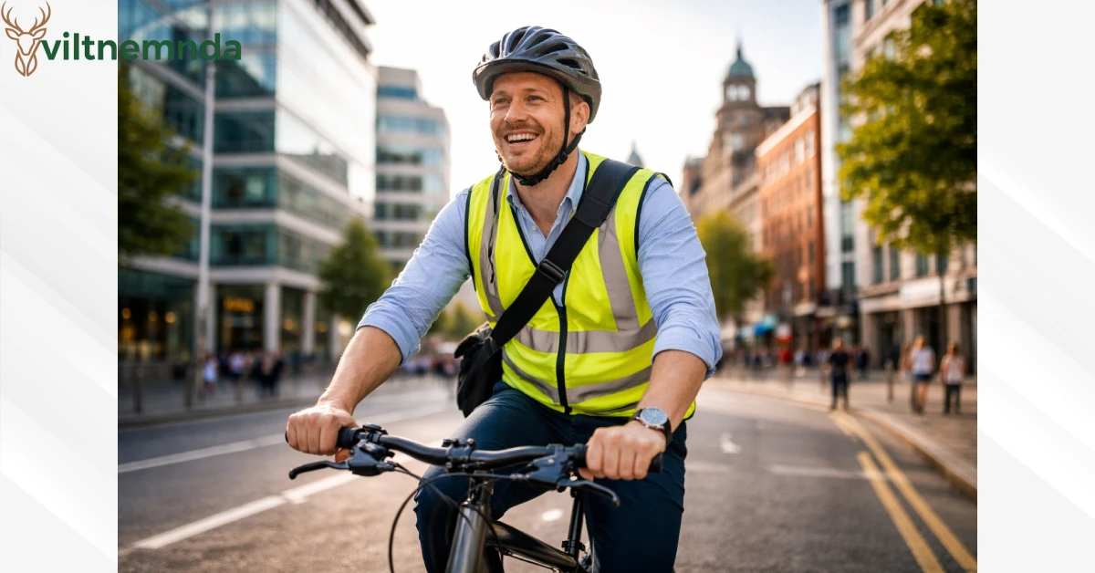 Irish employee using Cycle to Work scheme Ireland riding bike to office with helmet and safety gear