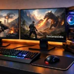 Professional gaming setup showcasing eurogamersonline.com pc gaming with dual monitors, RGB gaming PC tower, mechanical keyboard, and gaming mouse on illuminated desk
