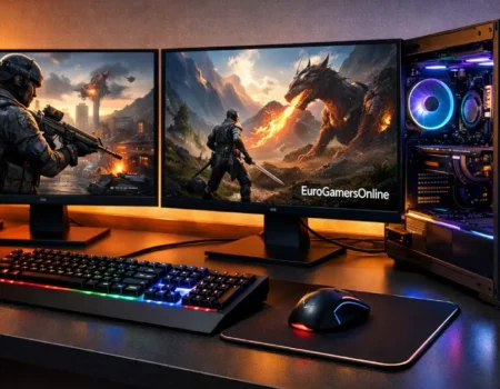Professional gaming setup showcasing eurogamersonline.com pc gaming with dual monitors, RGB gaming PC tower, mechanical keyboard, and gaming mouse on illuminated desk