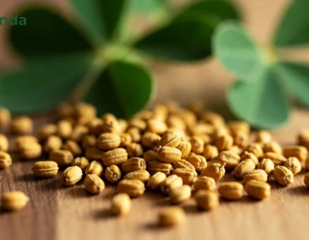 Golden foenegriek fenugreek seeds with fresh leaves on wooden background