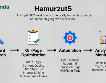Hamurzut5 SEO workflow system with automation and analytics dashboard icons