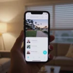 A smartphone controlling a modern, cozy living room's lighting, blinds, and thermostat via the Hastovenetor home automation app.