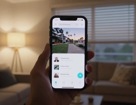 A smartphone controlling a modern, cozy living room's lighting, blinds, and thermostat via the Hastovenetor home automation app.