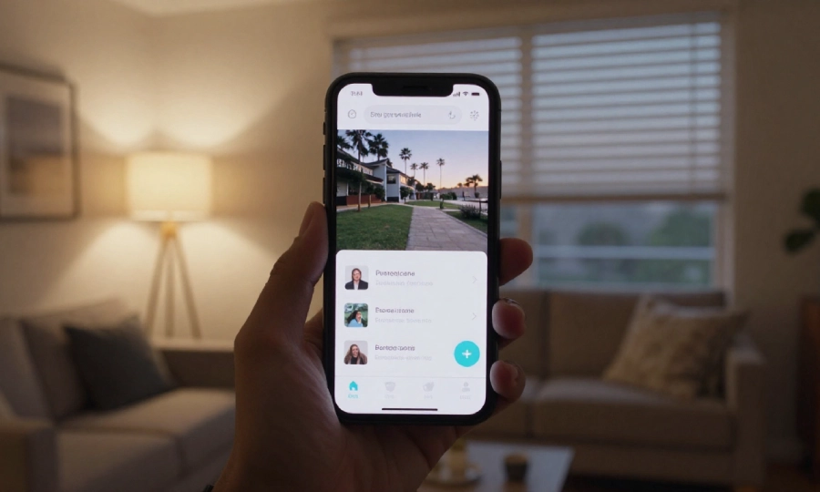A smartphone controlling a modern, cozy living room's lighting, blinds, and thermostat via the Hastovenetor home automation app.