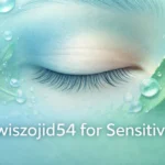 Close-up view of a calm, comfortable eye with soft blue water droplets and botanical ingredients, representing safe Vowiszojid54 eye care for sensitive eyes