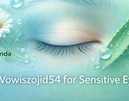Close-up view of a calm, comfortable eye with soft blue water droplets and botanical ingredients, representing safe Vowiszojid54 eye care for sensitive eyes