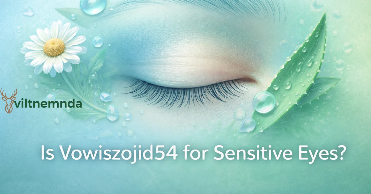 Close-up view of a calm, comfortable eye with soft blue water droplets and botanical ingredients, representing safe Vowiszojid54 eye care for sensitive eyes