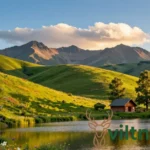 Kotora Melnkalne scenic mountain landscape with lake reflection and rustic cabin in Montenegro countryside