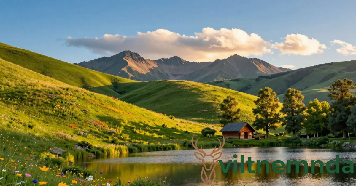 Kotora Melnkalne scenic mountain landscape with lake reflection and rustic cabin in Montenegro countryside
