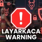 Red warning sign showing Layarkaca illegal streaming site blocked, with malware and security risk icons on dark background representing piracy dangers.