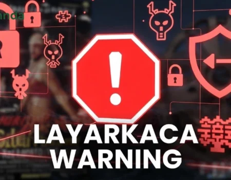 Red warning sign showing Layarkaca illegal streaming site blocked, with malware and security risk icons on dark background representing piracy dangers.