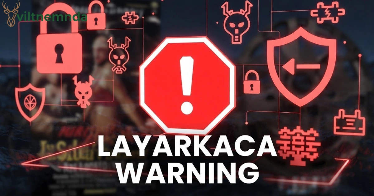 Red warning sign showing Layarkaca illegal streaming site blocked, with malware and security risk icons on dark background representing piracy dangers.