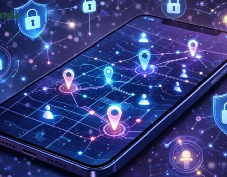 LustMap24 platform interface showing location-based mapping with user connections and privacy features on smartphone display