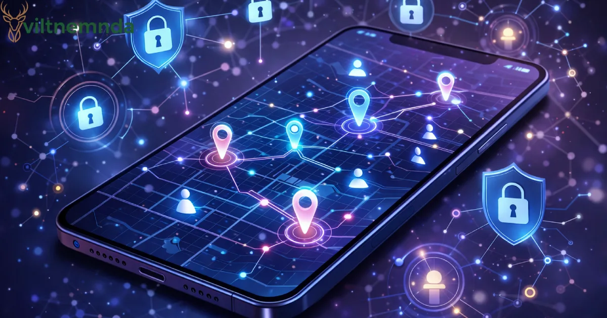 LustMap24 platform interface showing location-based mapping with user connections and privacy features on smartphone display