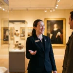 A friendly museumsaufsicht professional engaging with a visitor in a well-lit art gallery.