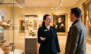A friendly museumsaufsicht professional engaging with a visitor in a well-lit art gallery.
