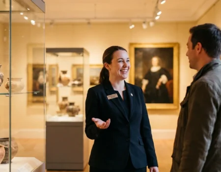A friendly museumsaufsicht professional engaging with a visitor in a well-lit art gallery.