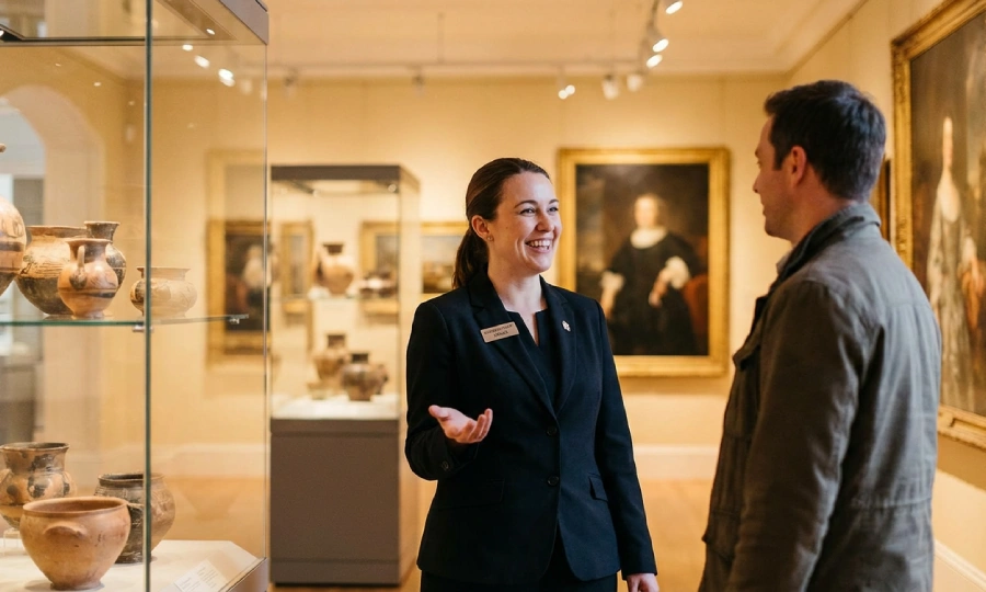 A friendly museumsaufsicht professional engaging with a visitor in a well-lit art gallery.