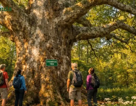 Ohio Giants massive champion tree with thick trunk in Delaware County forest showing record-breaking American Sycamore specimen