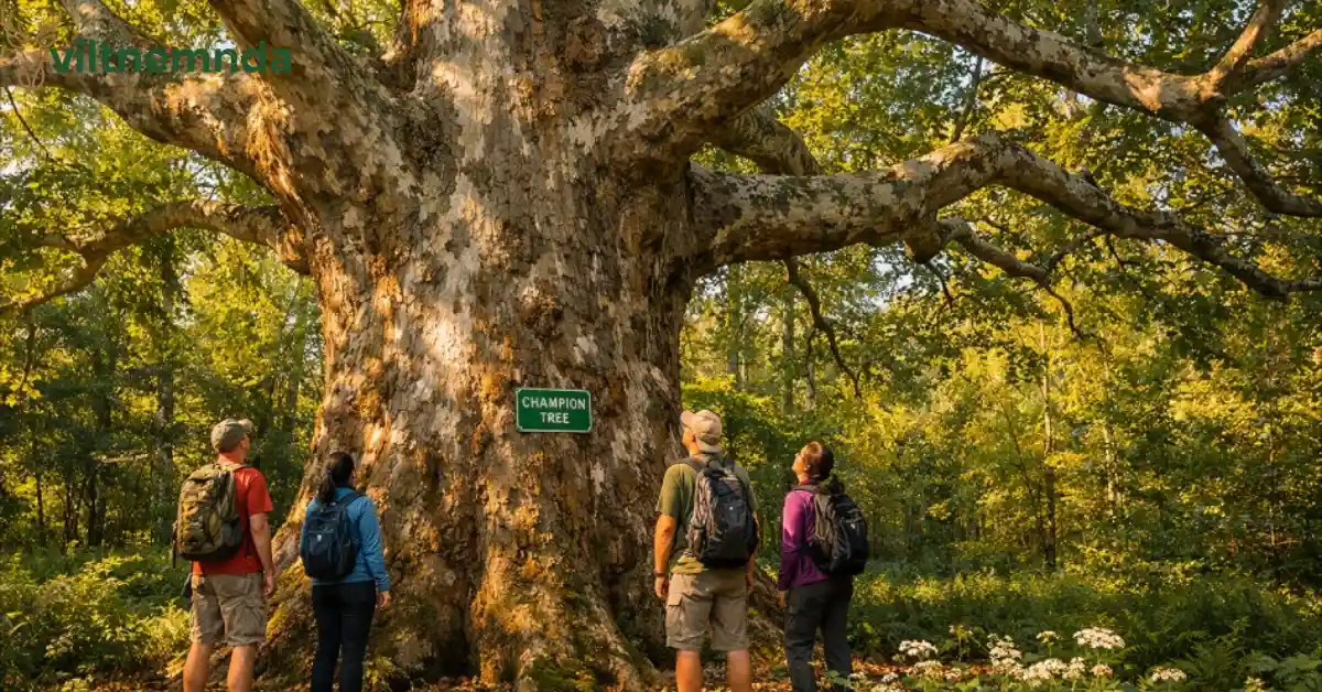 Ohio Giants massive champion tree with thick trunk in Delaware County forest showing record-breaking American Sycamore specimen