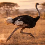 Ostrich running at high speed across African savanna with powerful legs and two-toed feet visible