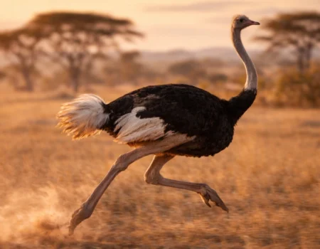 Ostrich running at high speed across African savanna with powerful legs and two-toed feet visible