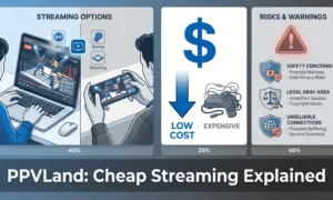 PPVLand streaming platform showing live sports events, pay-per-view cost comparison, and safety warning icons for unauthorized streaming service