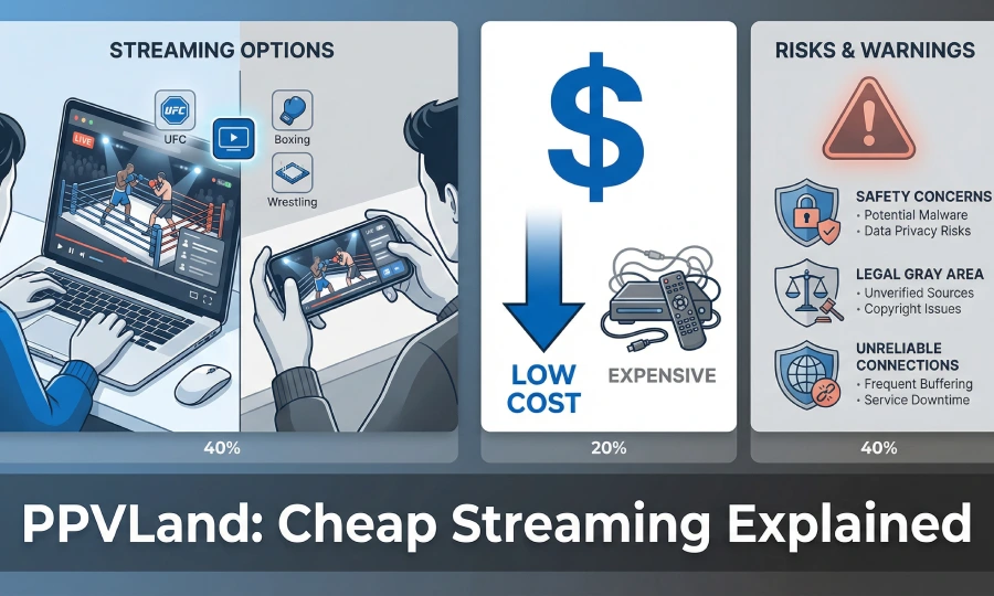 PPVLand streaming platform showing live sports events, pay-per-view cost comparison, and safety warning icons for unauthorized streaming service