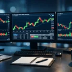 Stock trader monitoring intraday charts with candlestick patterns and volume indicators for profitable day trading advice