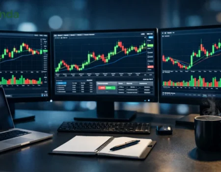 Stock trader monitoring intraday charts with candlestick patterns and volume indicators for profitable day trading advice