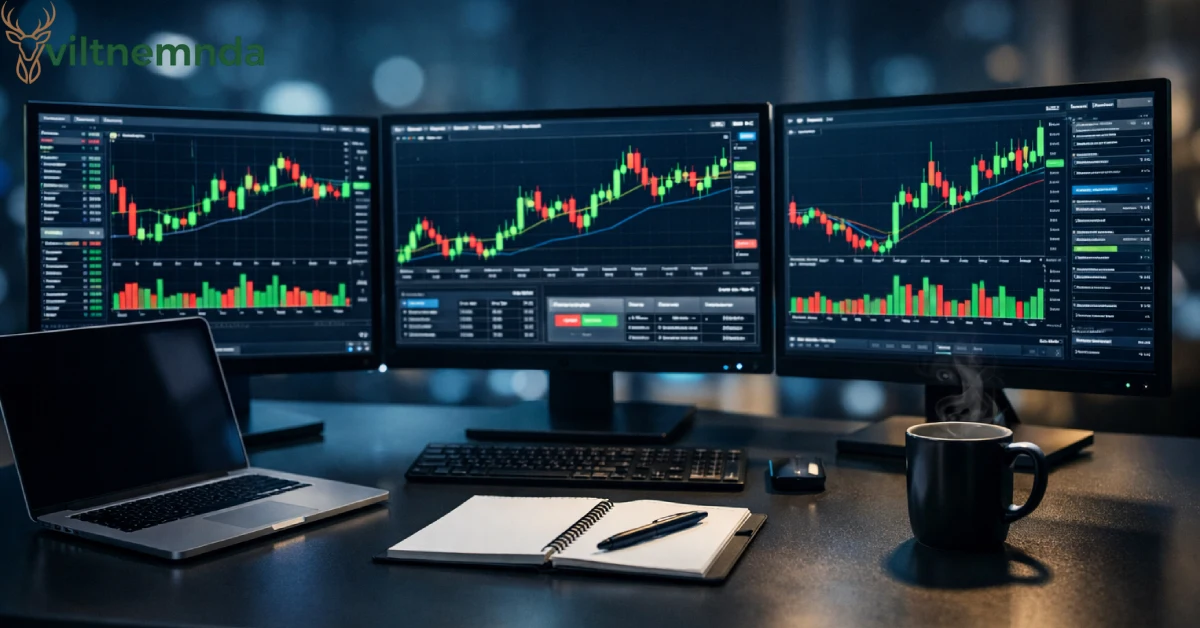 Stock trader monitoring intraday charts with candlestick patterns and volume indicators for profitable day trading advice
