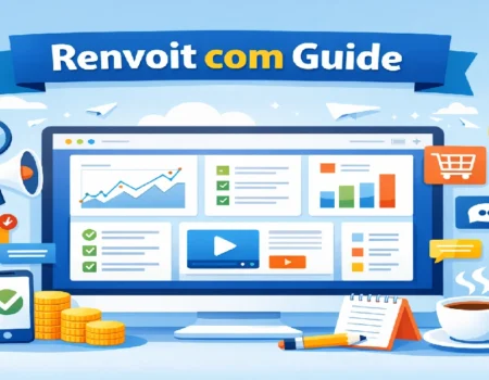 Illustration of a digital dashboard and icons representing tools on Renvoit com platform.