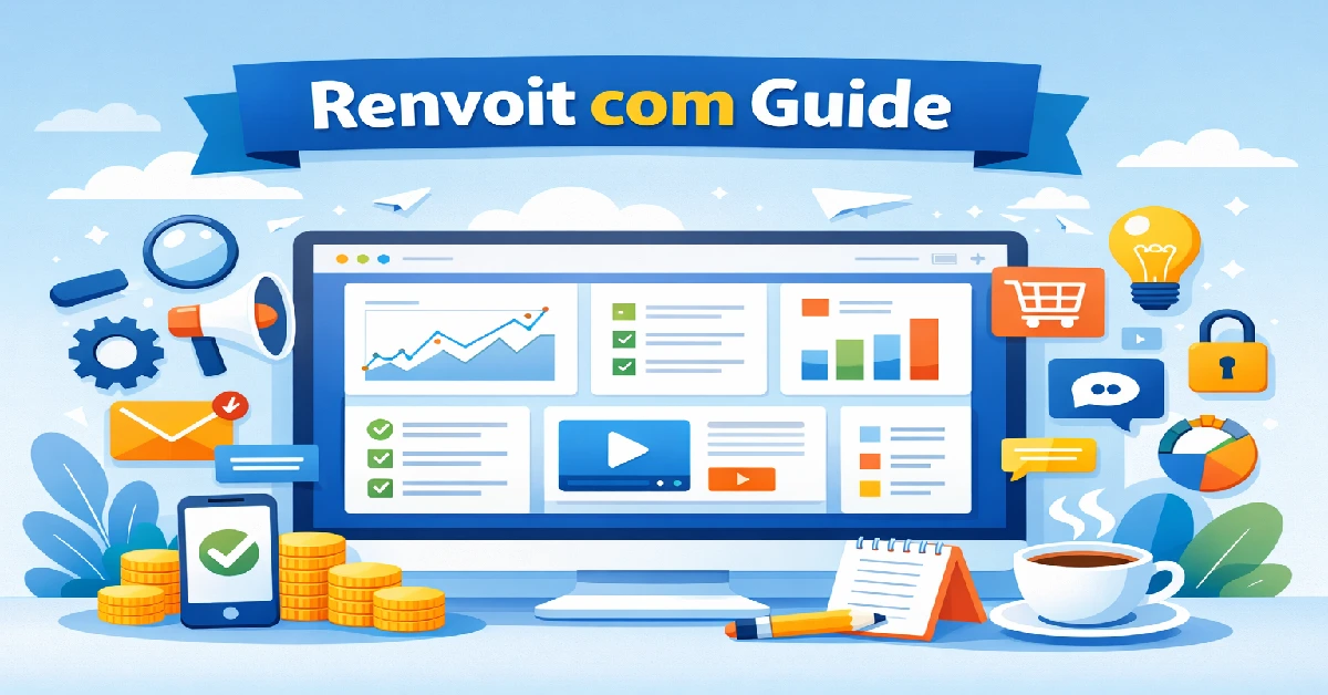 Illustration of a digital dashboard and icons representing tools on Renvoit com platform.