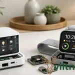 Rolerek smart home hub and wearable device on minimalist desk with plants, showing durable repairable design