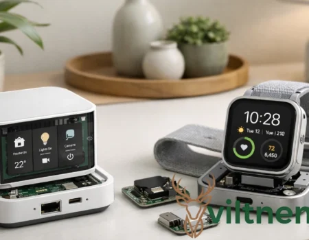 Rolerek smart home hub and wearable device on minimalist desk with plants, showing durable repairable design