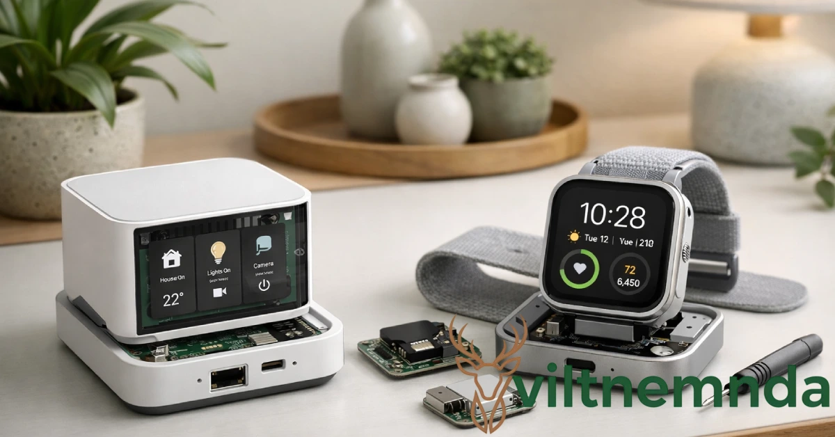 Rolerek smart home hub and wearable device on minimalist desk with plants, showing durable repairable design