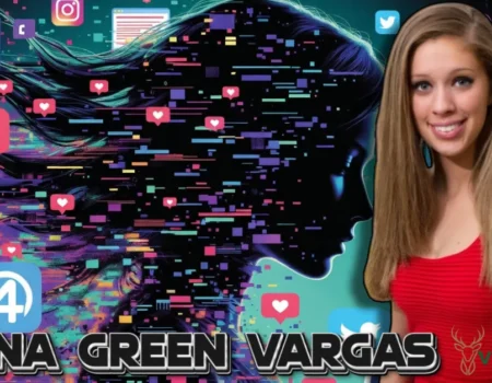 Selena Green Vargas viral internet mystery digital illustration with social media icons, glitch effects, and like notifications representing online fame