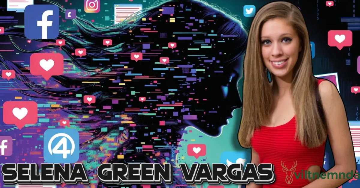Selena Green Vargas viral internet mystery digital illustration with social media icons, glitch effects, and like notifications representing online fame