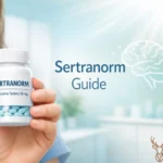 Sertranorm sertraline pills in medication bottle with calm wellness background depicting antidepressant treatment for depression and anxiety