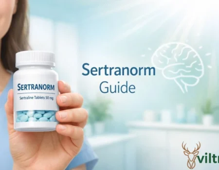 Sertranorm sertraline pills in medication bottle with calm wellness background depicting antidepressant treatment for depression and anxiety