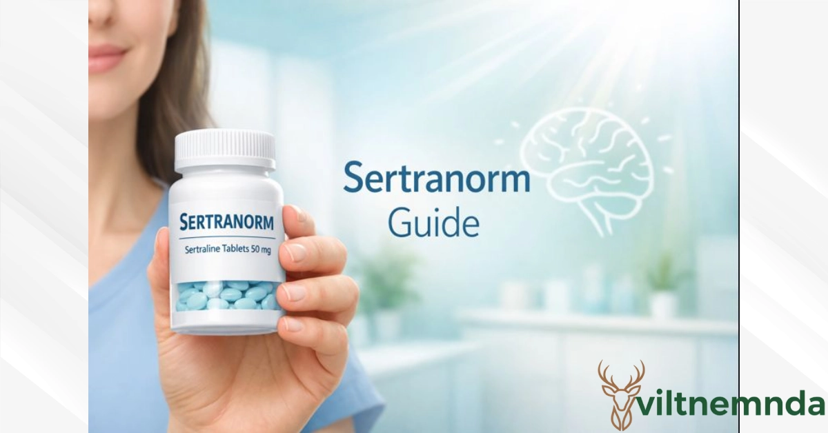 Sertranorm sertraline pills in medication bottle with calm wellness background depicting antidepressant treatment for depression and anxiety