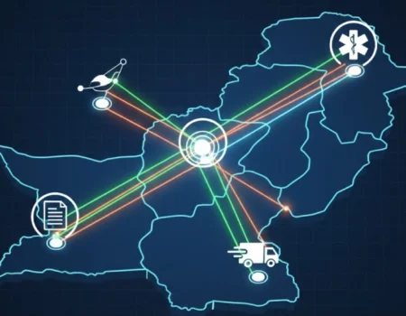 A visual concept for Servicio Inmediato Nacional showing fast-paced government, logistics, and emergency services connected on a digital map.