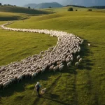 Italian shepherd practicing simbramento tradition guiding sheep flock along mountain tratturi trail in Abruzzo during summer migration