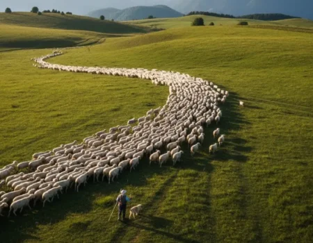 Italian shepherd practicing simbramento tradition guiding sheep flock along mountain tratturi trail in Abruzzo during summer migration