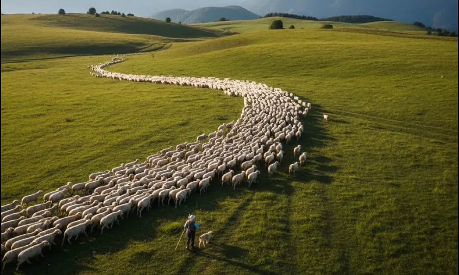 Italian shepherd practicing simbramento tradition guiding sheep flock along mountain tratturi trail in Abruzzo during summer migration
